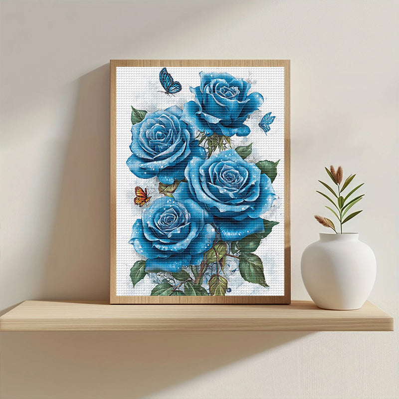 1pc DIY Floral Cross Stitch Kit - 13.8x17.7in 11CT Printed Fabric, Frameless, White & Blue Roses with Butterflies, Ideal for Home Wall Decor, Mother'S Day Gift, Sewing Crafts, Sewing Crafts|Butterfly Motif|Detailed Stitching,