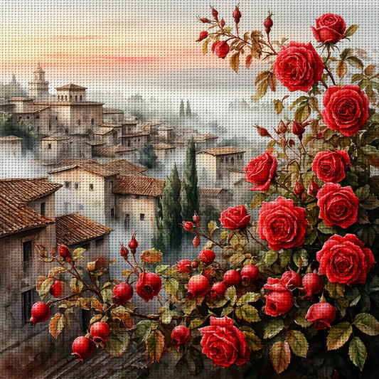 JOZYSH, 1pc, 40x40cm/15.7x15.7Inch, DIY Cross Stitch Kits, Embroidery Crafts Sets, Country of Roses, Patterned Printed Cross Stitch Kits, Random Thread Board Cross Stitch Material Kits, Living Room Entrance Bedroom Decoration