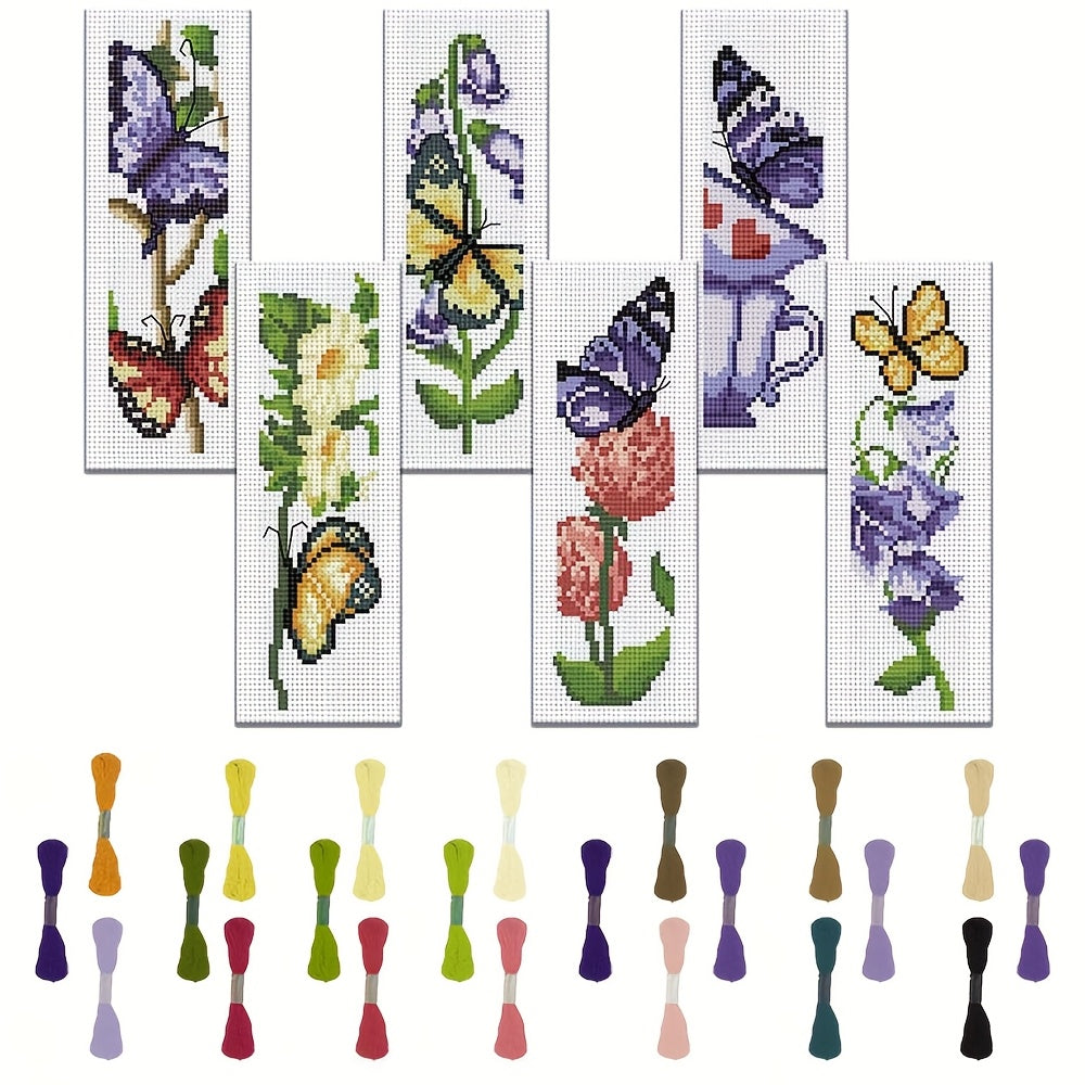 6pcs Butterfly & Flower Cross Stitch Bookmark DIY Art Kit - Includes 6 Printed Cross Stitch Canvases, Sufficient Embroidery Threads, Stitching Tools (Colors Random), and English Instructions - Perfect for Beginners & Craft En