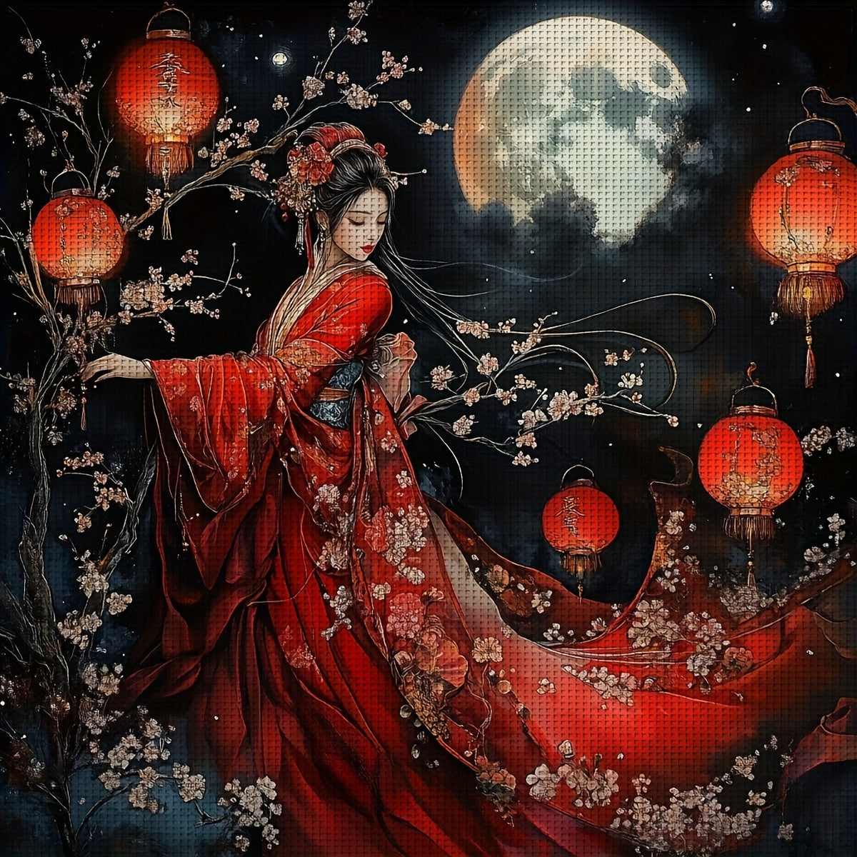 JOZYSH 11CT/14CT Cross Stitch Kit, Frameless Fabric Art with Pattern & Thread, Red Dress Beauty Surrounded by Lanterns & Cherry Blossoms Moonlight Scene, Home Decor for Living Room & Bedroom, DIY Craft Set, Home Decor Art|Mys