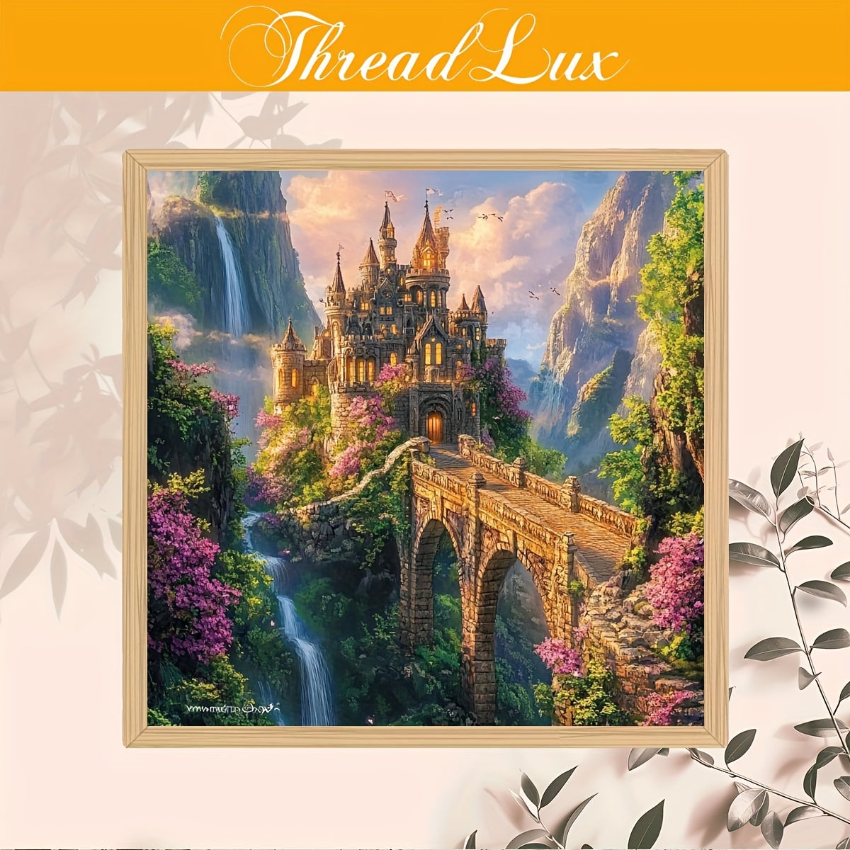 JOZYSH 1 Set Cross Stitch Adult Kit - Enchanted Castle in the Mountains 40x40cm/15.7x15.7in, 11CT/14CT, Landscape Art with Waterfall, Stone Bridge, and Vibrant Flowers, Beginner-Friendly, Includes Canvas, Needle, Thread, and