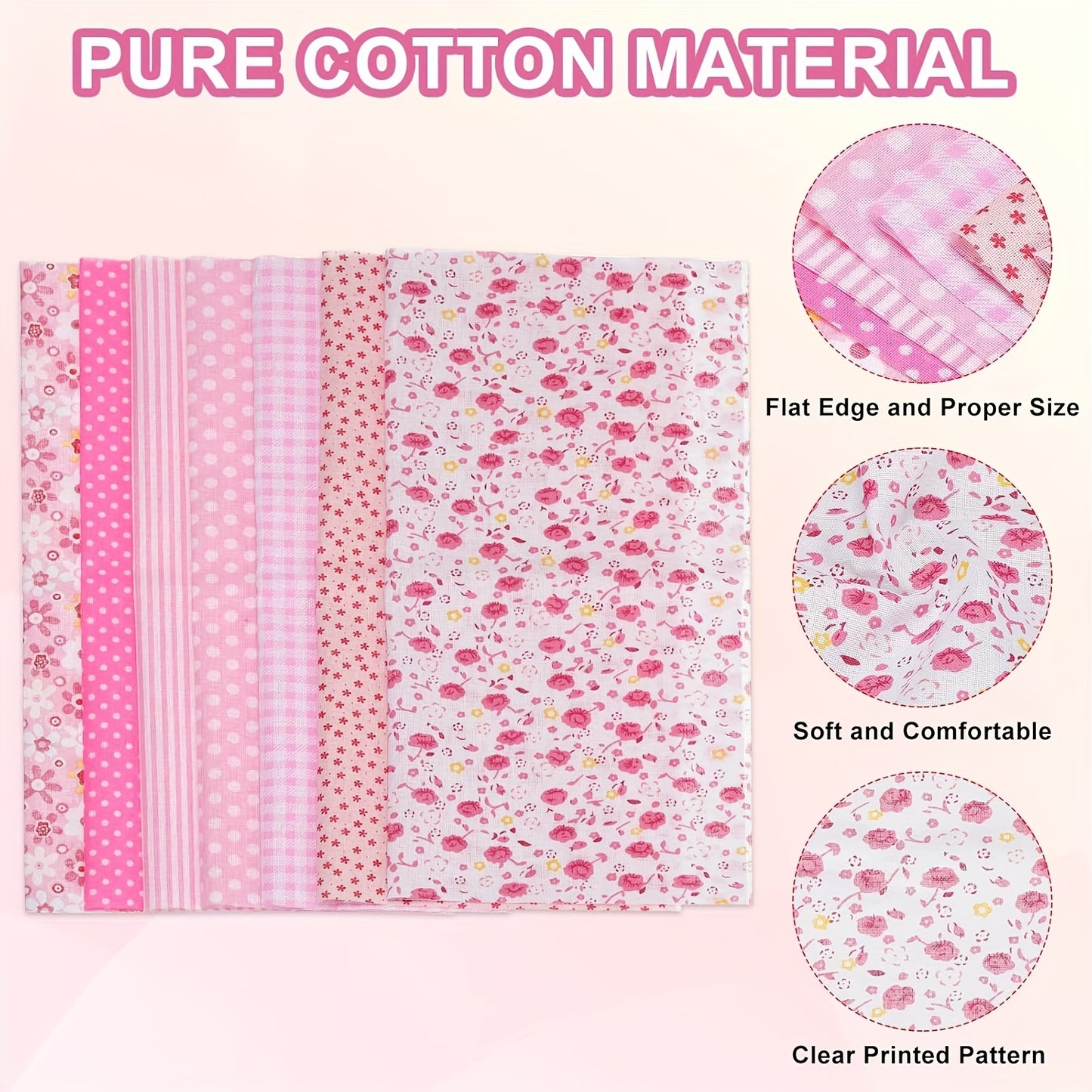 7pcs Large 20x20 Inch (50x50cm) Cotton Squares Bundle - Floral, Pastel pink, Pre-Cut Quilting Fabric for Patchwork, Scrapbooking, DIY Crafts - Ideal for Birthday, Wedding, Thanksgiving, Father's Day Gifts - Soft Non-Pilling C