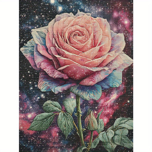 1pc DIY Floral Cross Stitch Kit - 13, 8x17, 7in Frameless Fabric, 11CT Printed Design with Pink Rose & Starry Night Sky, Includes Threads for Home Wall Decor, Mother'S Day Gift, Crafting Supplies, Cross Stitch Kits, Creative