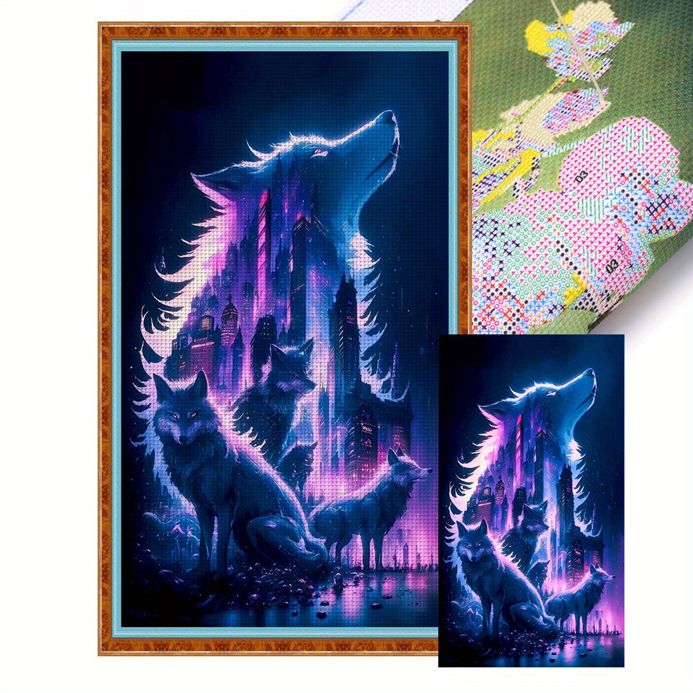 Cross Stitch Kit - 11-Count, 3-Thread, 15.75x27.56inch, Cyber City Silhouette Wolf Design, Vibrant Purple & Blue Urban Skyline with Howling Wolves, Detailed Embroidery Pattern for All Seasons, Embroidery Kit|Vibrant Embroider