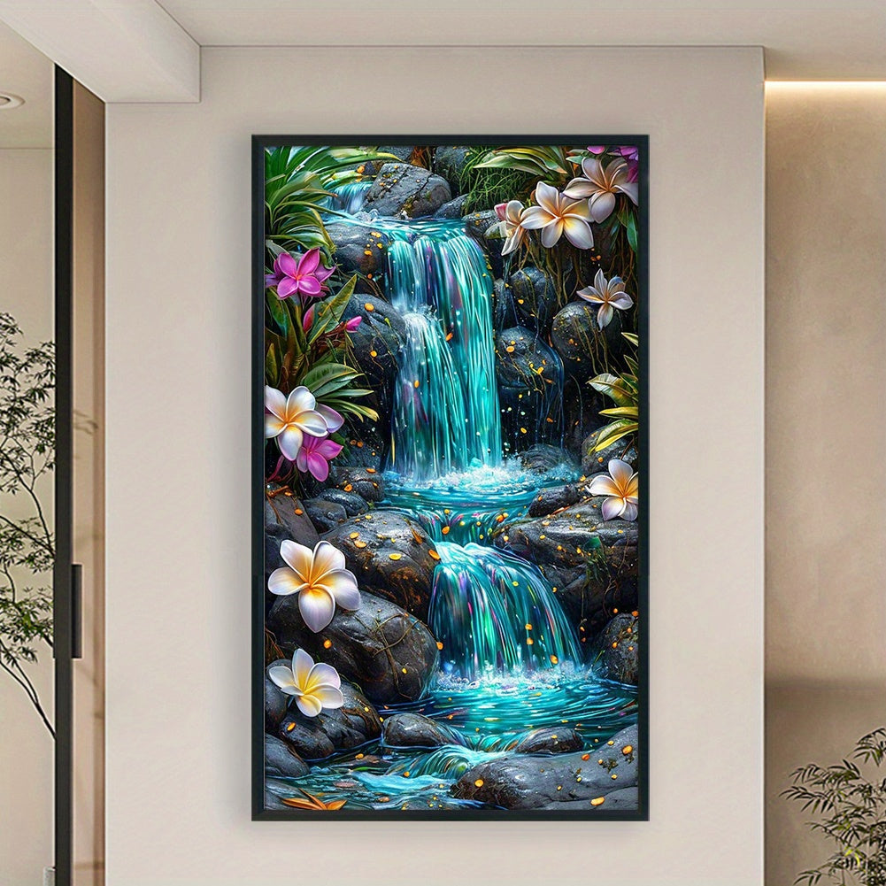 DIY Waterfall Cross Stitch Kit - 11CT Stamped Full Embroidery, 15.75x27.56inch, with Tools & Threads, Vibrant Tropical Scene, Perfect Gift for Craft Lovers & Art Enthusiasts, Embroidery Kit|Tropical Scene|Detailed Embroidery,