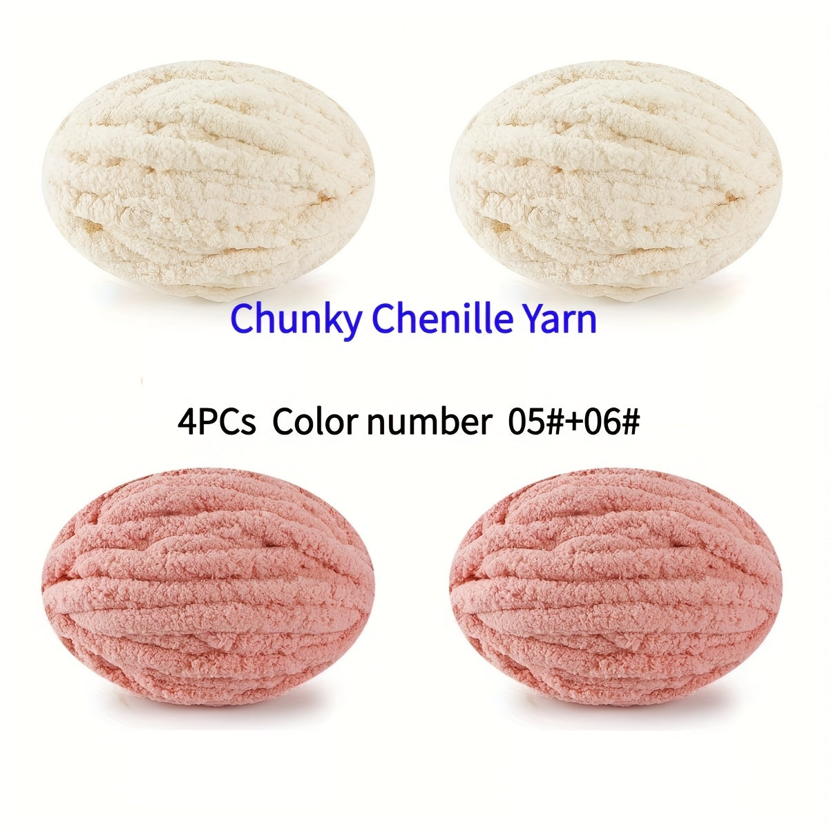 4pcs - 100% Polyester Chenille Yarn, Suitable for Crochet, Ultra-Thick Soft Fluffy Yarn, Thick Chenille Yarn for Hand Weaving, Mixed Pack of 2 Cream White + 2 Pink Beige Colors