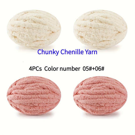 4pcs - 100% Polyester Chenille Yarn, Suitable for Crochet, Ultra-Thick Soft Fluffy Yarn, Thick Chenille Yarn for Hand Weaving, Mixed Pack of 2 Cream White + 2 Pink Beige Colors