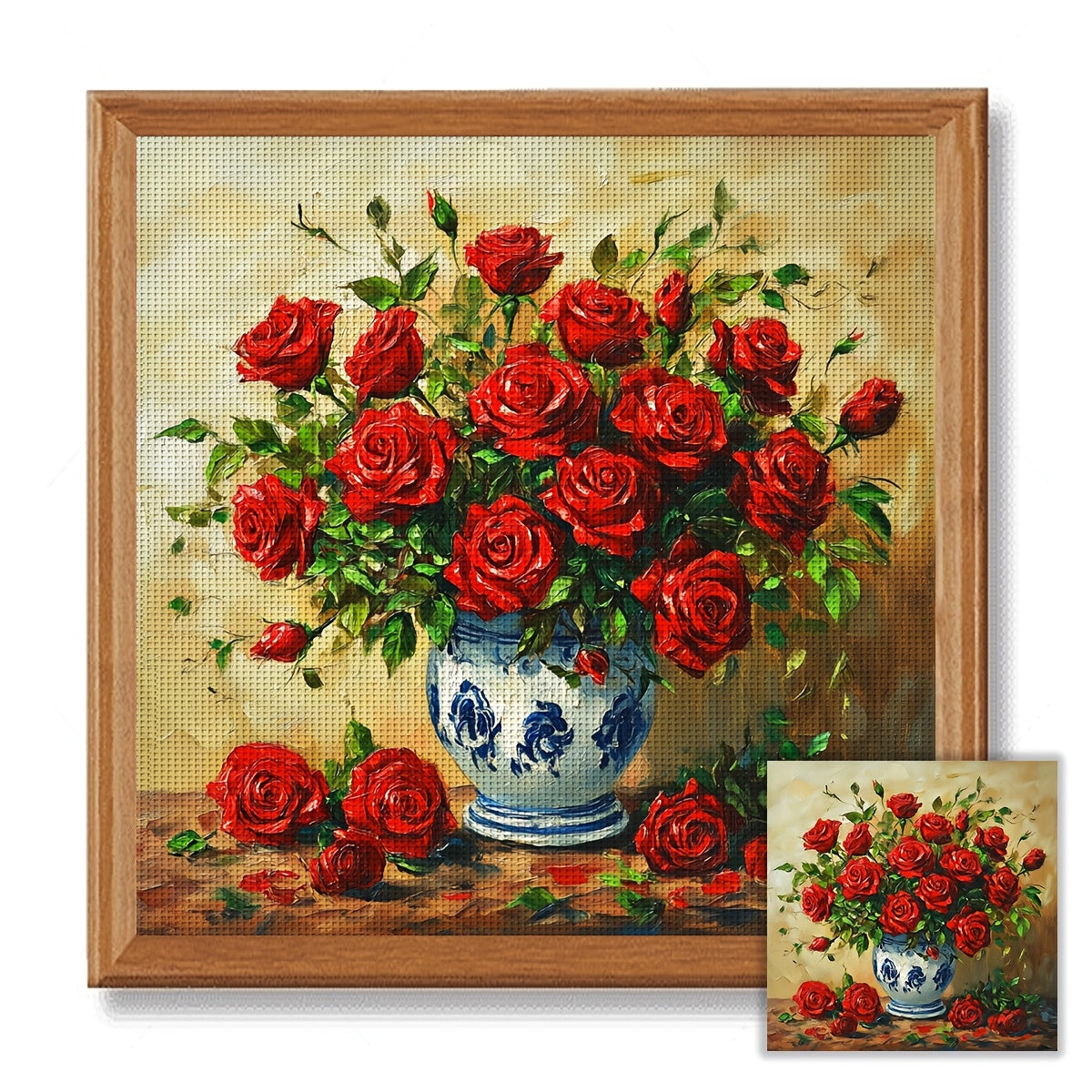 1pc JOZYSH 11CT/14CT Cross Stitch DIY Kit - Vibrant Red Rose Bouquet with Blue & White Vase, Perfect for Beginners, Includes Printed Canvas, Needles, Threads, Patterns & Instructions, Ideal for Home & Office Decor, Perfect Gi