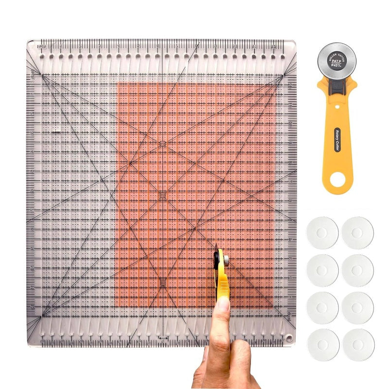 Square Slotted Quilting Ruler with Rotary Cutter - 12.5 inch*12.5 inch Acrylic Ruler Precise Fabric Cutting Quilting Rulers Sewing Rulers Includes Non - Slip Pads