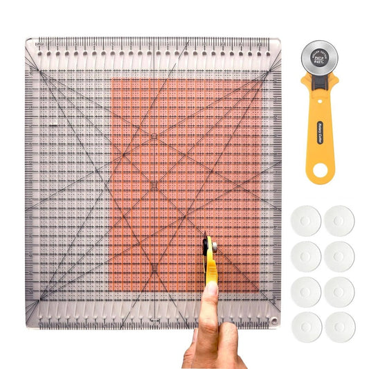 Square Slotted Quilting Ruler with Rotary Cutter - 12.5 inch*12.5 inch Acrylic Ruler Precise Fabric Cutting Quilting Rulers Sewing Rulers Includes Non - Slip Pads