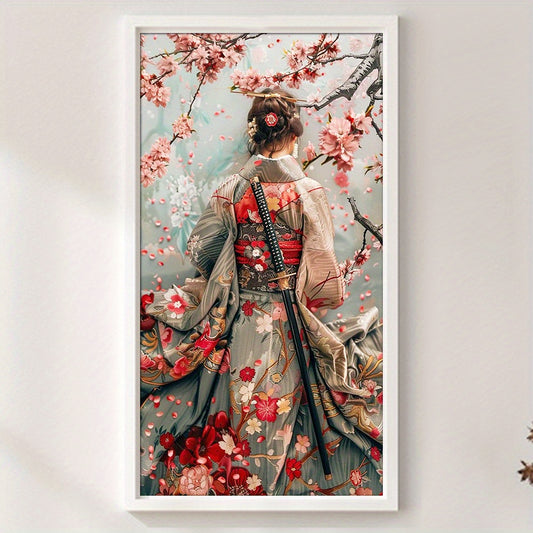 14CT Japanese Woman Back DIY Stamped Full Embroidery Cross Stitch Kit - Traditional Kimono Design with Cherry Blossoms, Mixed Colors, 15.75x27.56inch, Ideal for Home & Office Decor, Perfect Gift for Adults & Beginners, Home D