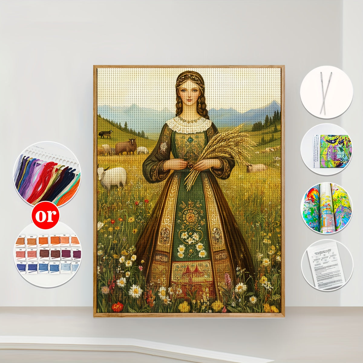 JOZYSH 1 Set 11.81x15.75inch DIY Cross Stitch Kit - Elegant Princess in Floral Dress with Sheep and Wheat, All-Season Home Decor for Living Room, Bedroom, or Gift, Cross Stitch Craft Kit | Elegant Princess Design | Detailed E