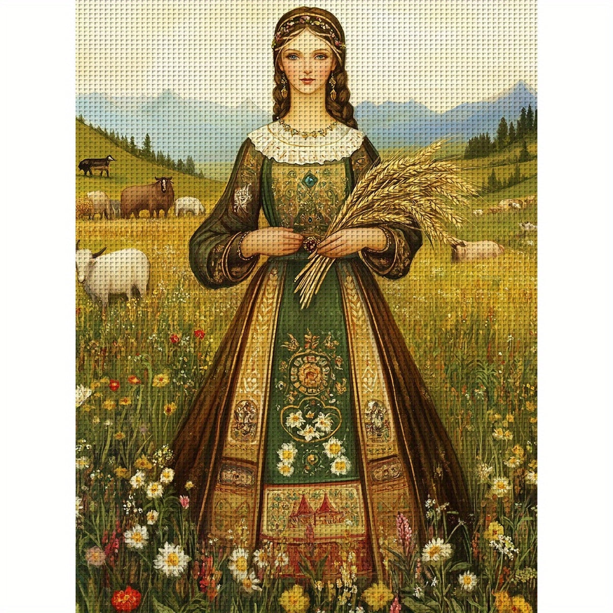 JOZYSH 1 Set 11.81x15.75inch DIY Cross Stitch Kit - Elegant Princess in Floral Dress with Sheep and Wheat, All-Season Home Decor for Living Room, Bedroom, or Gift, Cross Stitch Craft Kit | Elegant Princess Design | Detailed E