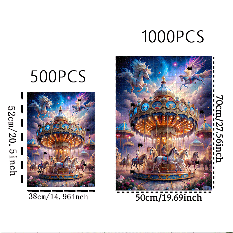 500/1000pcs Enchanted Carousel, & Magical Night Jigsaw Puzzle for Adults & - 2 Difficulty Levels, Portable Large Jigsaw Game with Glowing Stars, DIY Home Decor, Birthday/Christmas Gift (500 or 1000pcs), Christmas Window Stick