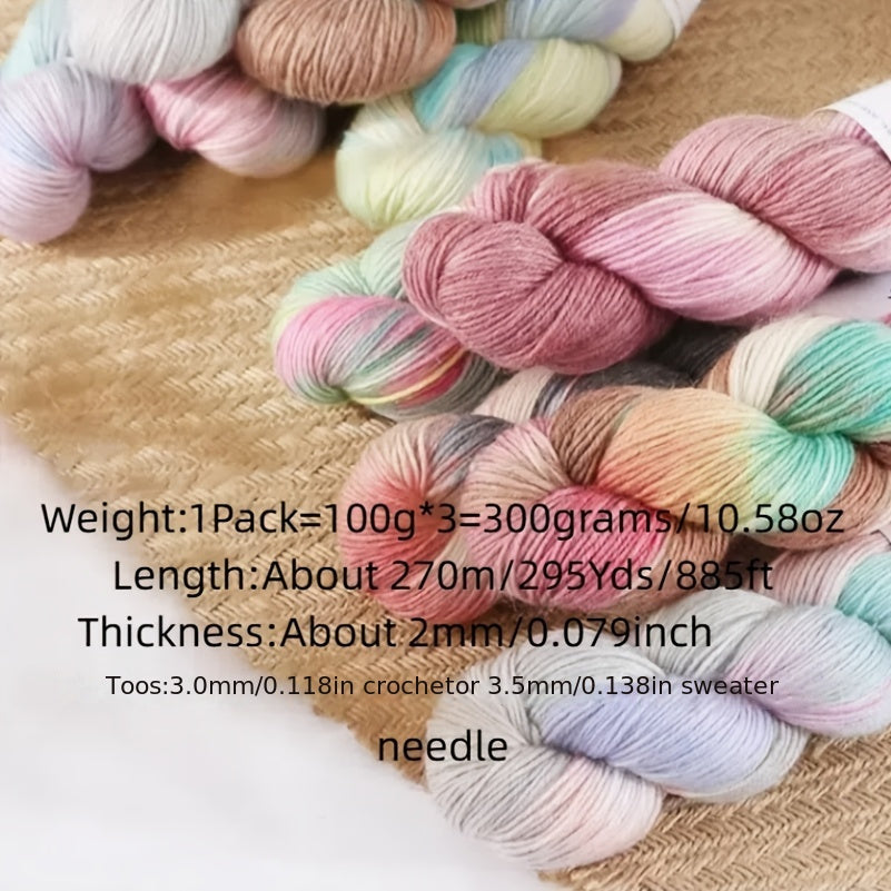 3-Pack Soft Wool Blend Yarn, 52% Wool, 10% Cashmere, 38% Polyester, Multicolored & Self-Striping, Variegated & Heather Ombre, 100g Each, 270m Total, for Knitting Scarves, Blankets, Sweaters, Hats, Gloves, Socks