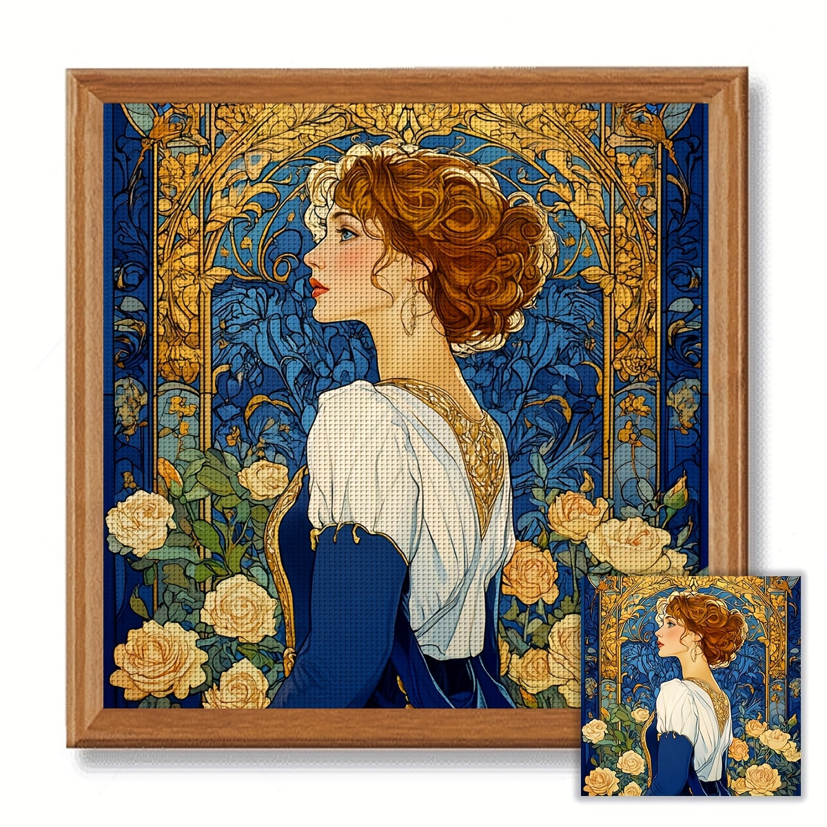 ZUOANLF 1pc 40x40cm/15.7x15.7in Elegant Lady in Front of Roses Cross Stitch DIY Kit - 11CT/14CT, All-Season Wall Decor for Bedroom & Living Room, Includes Canvas, Needle, Thread, Pattern, and Instructions, Perfect Gift for Be