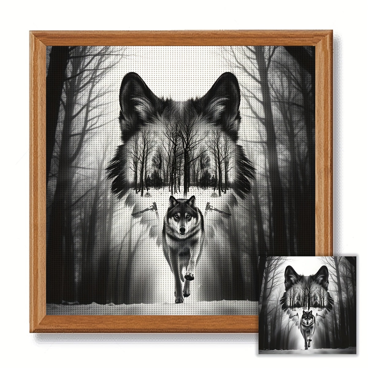 1pc 40x40cm/15.7x15.7" DIY Cross Stitch Kit - Gray Wolf in Winter Forest, Relaxing Adult Beginner Project with Printed Canvas, Needle, Thread, Pattern, and Instructions - Ideal for Home & Office Decor, Perfect Gift for Friend