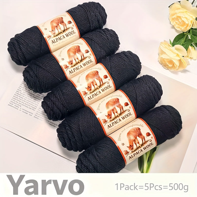 1 Pack (5 Balls) 500g Alpaca Wool Yarn - Thick Warm Winter Knitting Fiber, Alpaca Wool Yarn for DIY Hand-Knitting Scarves, Hats, Sweaters, Multi-Color (Brown/White/Black/Gray/Tan) - Perfect Gift for Crafters & Cold Weather