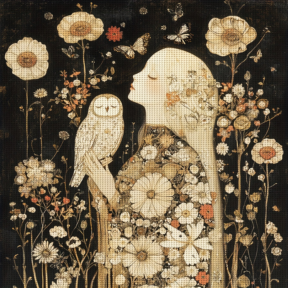 1pc 11x11" or 15.7x15.7" Unframed 11CT/14CT Printed Cross Stitch Kit - Owl & Girl Floral Design, All-Season Home Decor Wall Art, DIY Cross Stitch Materials with Printed Pattern, Threads, Needles & Instructions, Perfect Holida