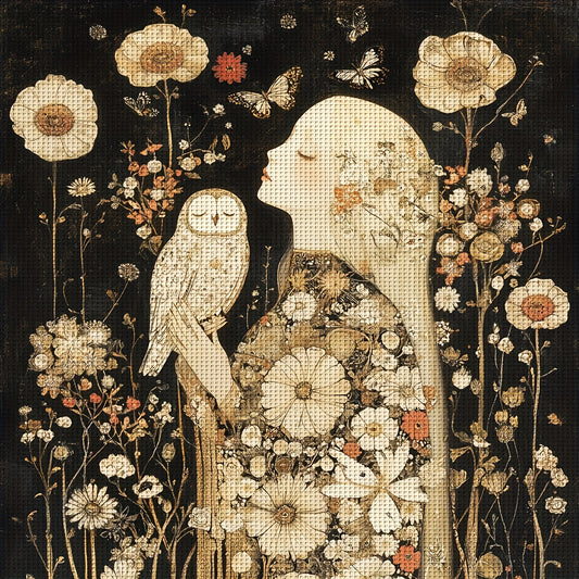 1pc 11x11" or 15.7x15.7" Unframed 11CT/14CT Printed Cross Stitch Kit - Owl & Girl Floral Design, All-Season Home Decor Wall Art, DIY Cross Stitch Materials with Printed Pattern, Threads, Needles & Instructions, Perfect Holida