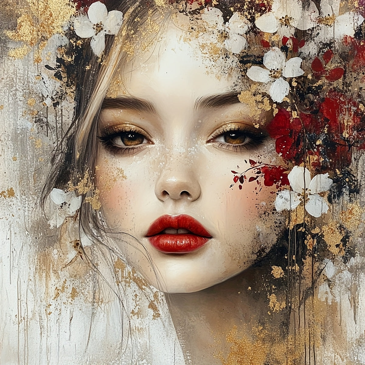 1 Set ZUOANLF 40x40cm/15.7x15.7" Frameless Cross Stitch Kit for Adults & Beginners - Complete DIY Embroidery Set with Printed Fabric, Threads, Needles, Hoop-Free Lady Face/Jewelry Chart - Handmade Art Gift, All-Season (Golden