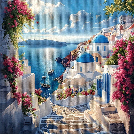 JOZYSH 15.75x15.75inch DIY Cross Stitch Kit - Greek Castle Landscape with Blue Domes & Pink Flowers, Random Line Board, Perfect for Living Room, Bedroom Decor, Home Decoration Art Gift, Bedroom Wall Art | Serene Landscape | D