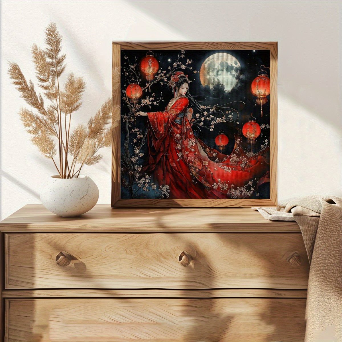 JOZYSH 11CT/14CT Cross Stitch Kit, Frameless Fabric Art with Pattern & Thread, Red Dress Beauty Surrounded by Lanterns & Cherry Blossoms Moonlight Scene, Home Decor for Living Room & Bedroom, DIY Craft Set, Home Decor Art|Mys