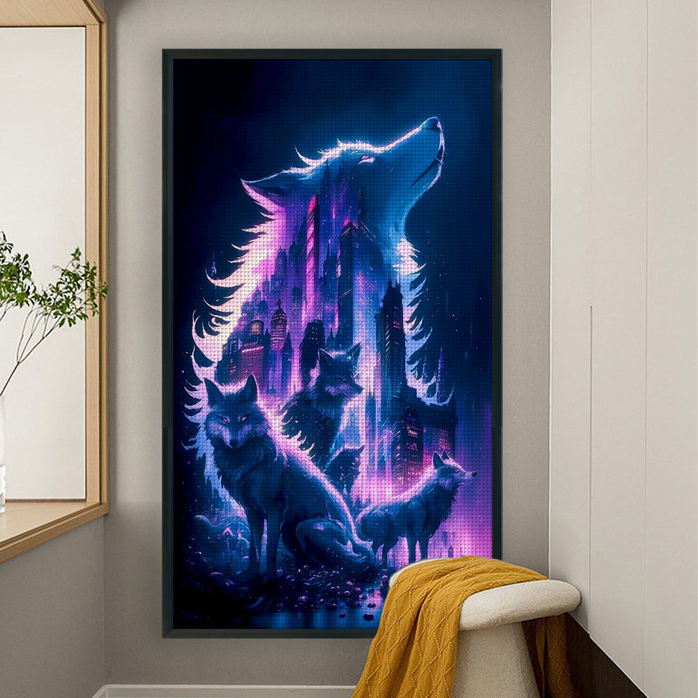 Cross Stitch Kit - 11-Count, 3-Thread, 15.75x27.56inch, Cyber City Silhouette Wolf Design, Vibrant Purple & Blue Urban Skyline with Howling Wolves, Detailed Embroidery Pattern for All Seasons, Embroidery Kit|Vibrant Embroider
