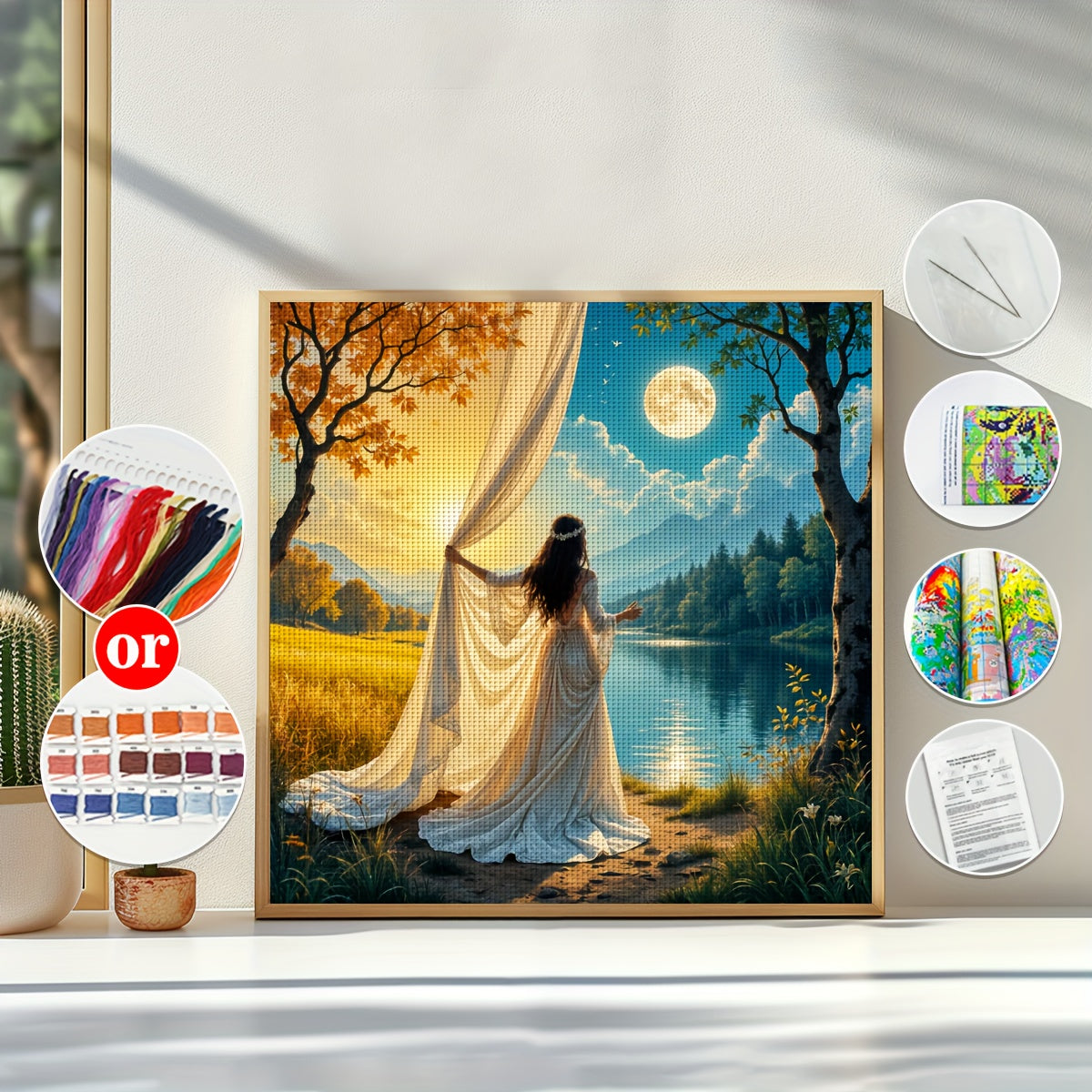 1pc JOZYSH Frameless Cross Stitch Kit for Adults & Beginners - Large 40x40cm/50x50cm (15.7x15.7"/19.7x19.7") DIY Complete Set with Pre-Printed Fabric Canvas, Threads, Needle & Instructions - Elegant Woman Portrait Handmade Wa