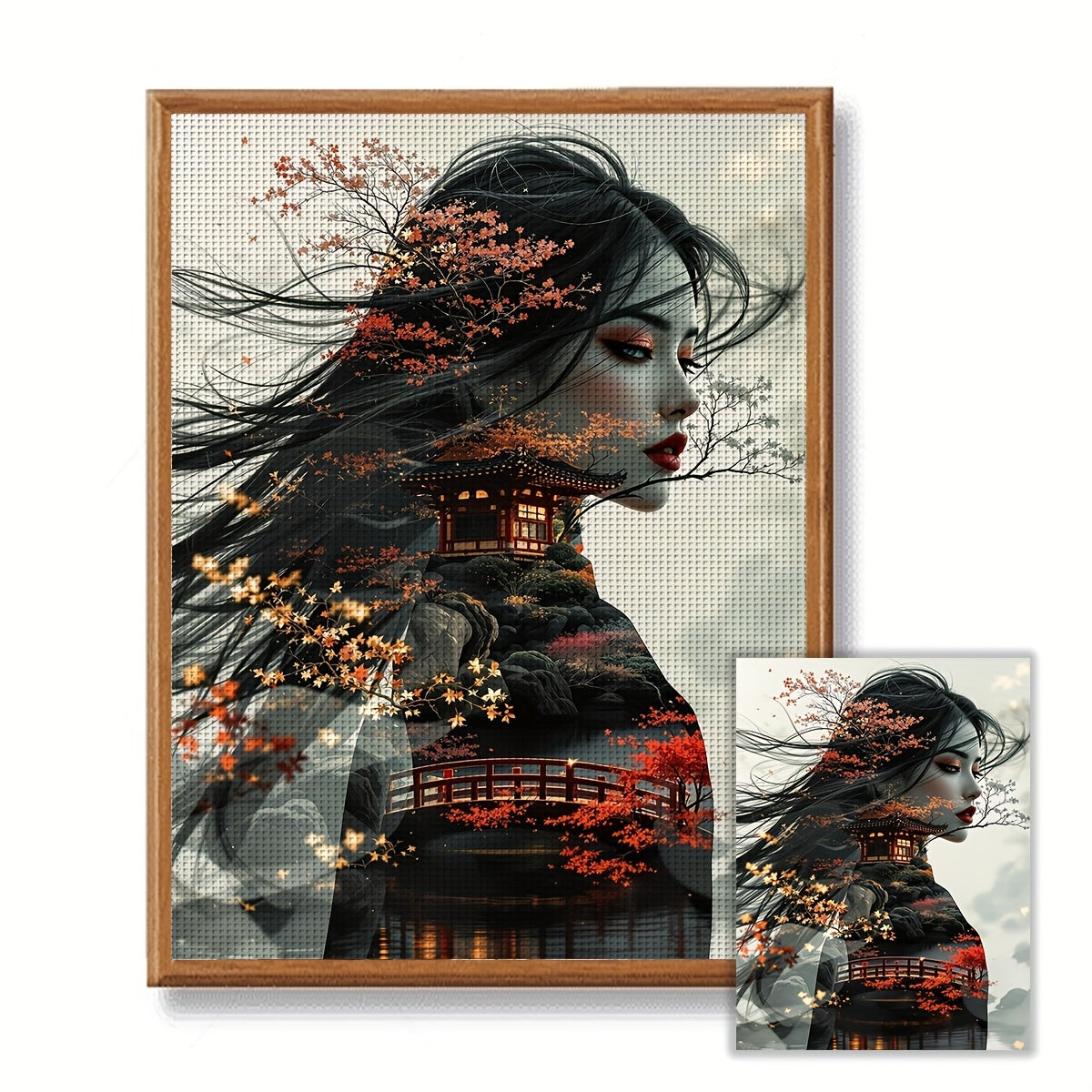 1pc Elegant Woman with Cherry Blossom Hair Design 11x15.7" DIY Cross Stitch Kit - Includes Canvas, Threads, Needle, Patterns & Instructions - Perfect for Beginners, Ideal for Home & Office Decor, Gift for Friends & Family, Re