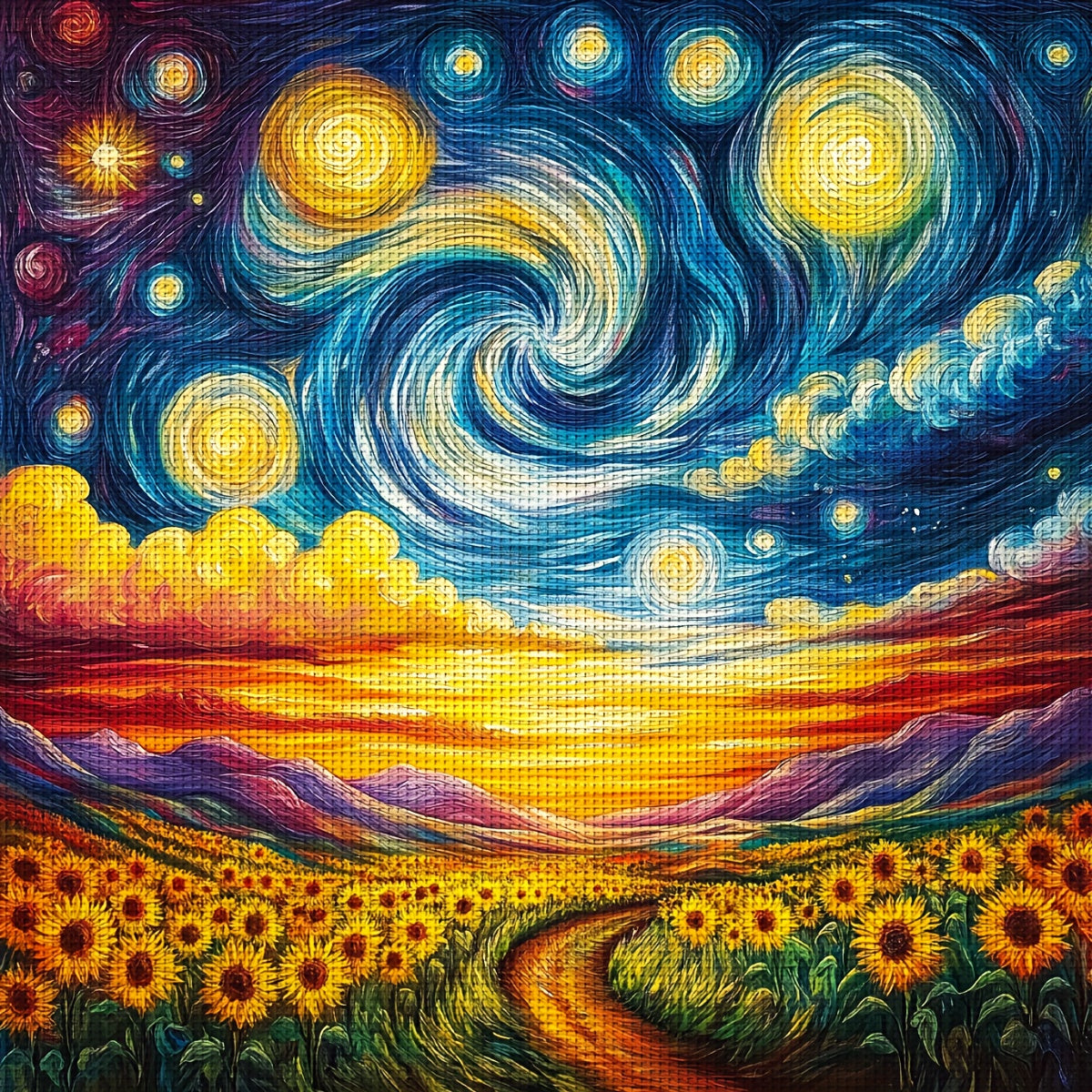 1pc 11CT/14CT Sunflower & Starry Night Cross Stitch DIY Kit - 15.75x15.75inch, Relaxing Adult Beginner Project with Printed Canvas, Needles, Threads, Patterns & Instructions - Perfect for Home & Office Decor, Ideal Gift for F