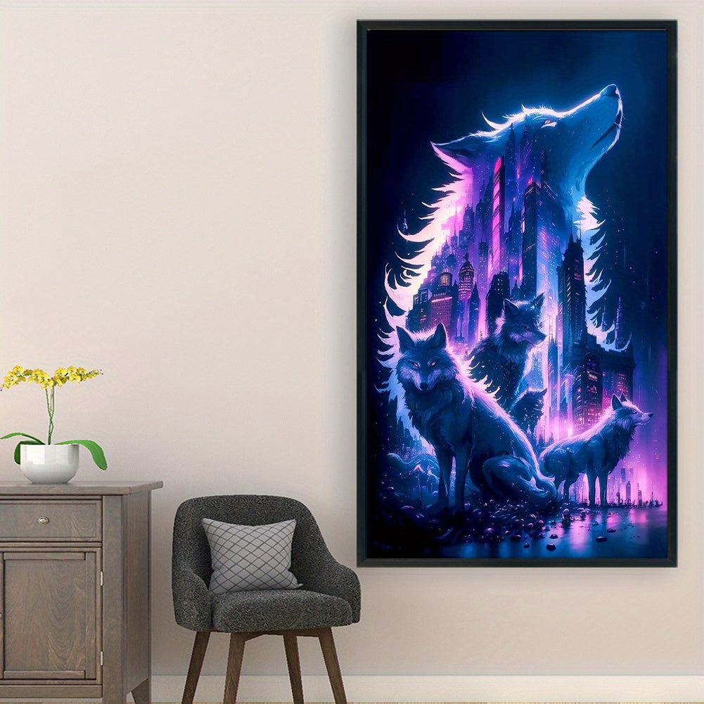 Cross Stitch Kit - 11-Count, 3-Thread, 15.75x27.56inch, Cyber City Silhouette Wolf Design, Vibrant Purple & Blue Urban Skyline with Howling Wolves, Detailed Embroidery Pattern for All Seasons, Embroidery Kit|Vibrant Embroider