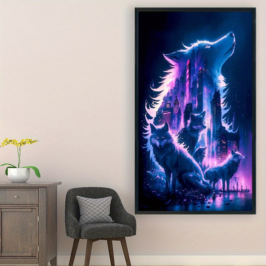 Cross Stitch Kit - 11-Count, 3-Thread, 15.75x27.56inch, Cyber City Silhouette Wolf Design, Vibrant Purple & Blue Urban Skyline with Howling Wolves, Detailed Embroidery Pattern for All Seasons, Embroidery Kit|Vibrant Embroider