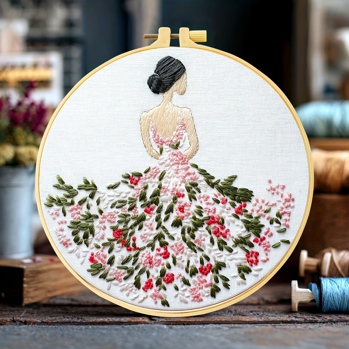 1pc JOZYSH Handmade DIY Dress Embroidery Kit for Adults & Beginners - Complete Set with Fabric, Threads, Hoop & Instructions - Pink/White Dress with Red Roses & Green Foliage - 20x20cm/7.9x7.9" Handcrafted Gift, Home Decor Ar