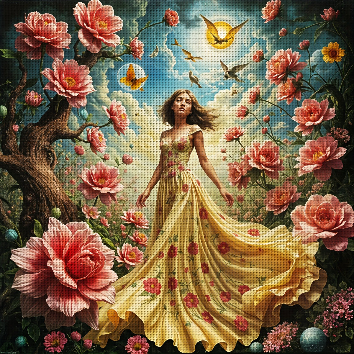 1pc JOZYSH Frameless Cross Stitch Kit for Adults & Beginners - Large 40x40cm/50x50cm (15.7x15.7"/19.7x19.7") DIY Complete Set with Pre-Printed Fabric Canvas, Threads, Needles & Instructions - Elegant Girl with Peonies & Butte