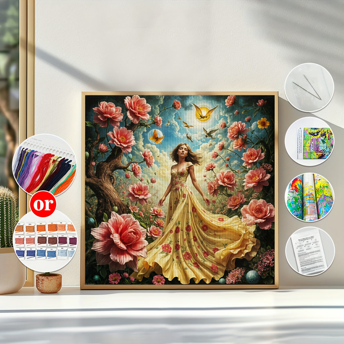 1pc JOZYSH Frameless Cross Stitch Kit for Adults & Beginners - Large 40x40cm/50x50cm (15.7x15.7"/19.7x19.7") DIY Complete Set with Pre-Printed Fabric Canvas, Threads, Needles & Instructions - Elegant Girl with Peonies & Butte