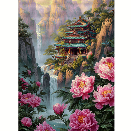 DIY Cross Stitch Kit - Vibrant Mountain Landscape with Pagoda & Cherry Blossoms, 11CT Embroidery Set with Pre-Printed Canvas, Needles, Threads, and Instructions, Complete Craft Supplies for Beginners, Embroidery Kit|Scenic Em