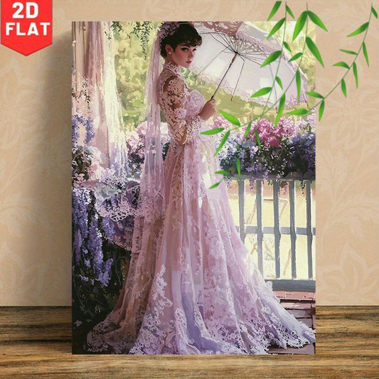 1pc Vintage Female Figure Painting - Pink Lace Dress Lady with Parasol & Lilac Flowers, Wood Framed Canvas Wall Art, Lilac Balcony Scene, Wedding & Bridal Decor, 2D Flat, Cross Stitch Patterns, Cradle Ceremony Decoration, Pri
