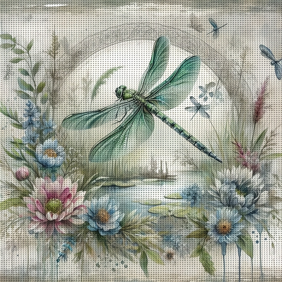 1pc JOZYSH 40x40cm/15.7x15.7" Unframed Dragonfly & Floral Cross Stitch DIY Kit - Easy Beginner Project with Printed Canvas, Needles, Threads, Patterns & Instructions - Perfect for Home & Office Decor, Ideal Gift for Friends &