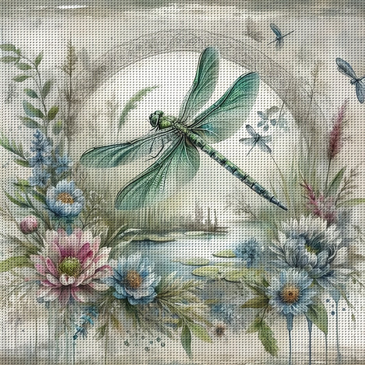 1pc JOZYSH 40x40cm/15.7x15.7" Unframed Dragonfly & Floral Cross Stitch DIY Kit - Easy Beginner Project with Printed Canvas, Needles, Threads, Patterns & Instructions - Perfect for Home & Office Decor, Ideal Gift for Friends &
