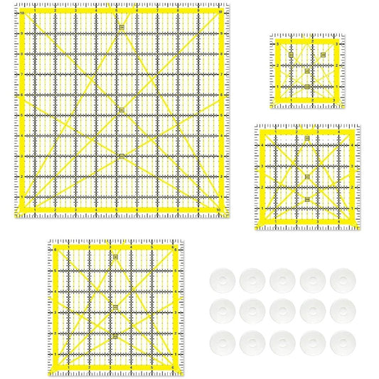 Quilting Rulers, Sewing Rulers, 4pcs Quilting Square Templates, Acrylic Rulers with Non - Slip Rings Sewing 3.5X3.5 5X5 6.55 10.5X10.5 Yellow, Pattern Making, Fabric Measuring, Smooth Edges, Durable Template, Measuring Templa