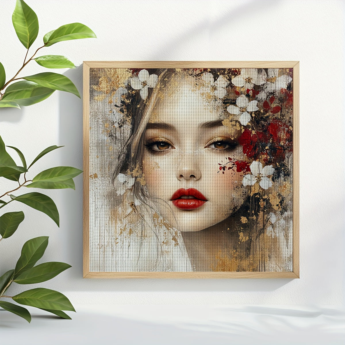 1 Set ZUOANLF 40x40cm/15.7x15.7" Frameless Cross Stitch Kit for Adults & Beginners - Complete DIY Embroidery Set with Printed Fabric, Threads, Needles, Hoop-Free Lady Face/Jewelry Chart - Handmade Art Gift, All-Season (Golden