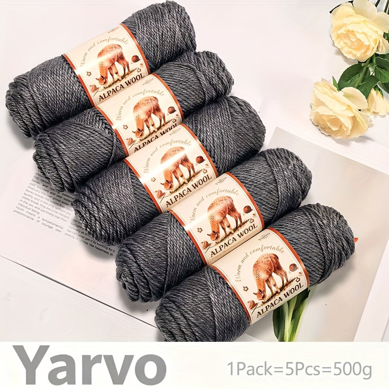 1 Pack (5 Balls) 500g Alpaca Wool Yarn - Thick Warm Winter Knitting Fiber, Alpaca Wool Yarn for DIY Hand-Knitting Scarves, Hats, Sweaters, Multi-Color (Brown/White/Black/Gray/Tan) - Perfect Gift for Crafters & Cold Weather