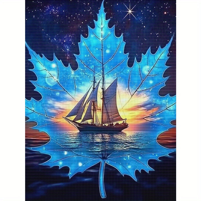 DIY Landscape Cross Stitch Kit - 1pc, 13.8x17.7in, Frameless, 11CT Printed Fabric, Includes Eco-Cotton Threads, Ideal for Home Wall Decor, Perfect Mother'S Day Gift, Featuring Sailboat and Starry Night Design, Home Decor Craf