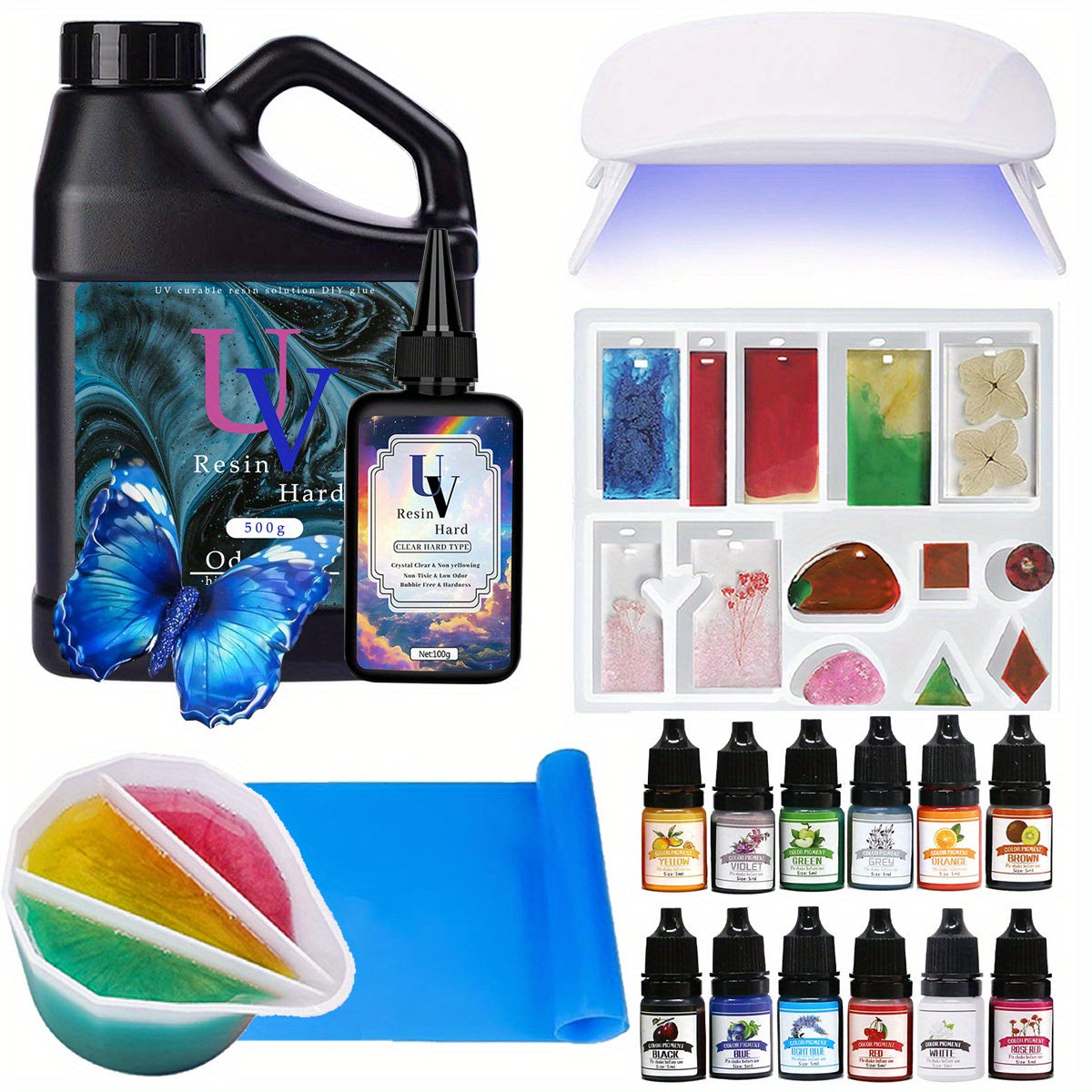 Complete UV Resin Starter Kit with Low-Odor UV Lamp & Silicone Mat - Epoxy Resin Craft for Jewelry Making, DIY Crafts, River Table Effects, Pendants, Charms - Compatible with Resin (No-Mix Formula)