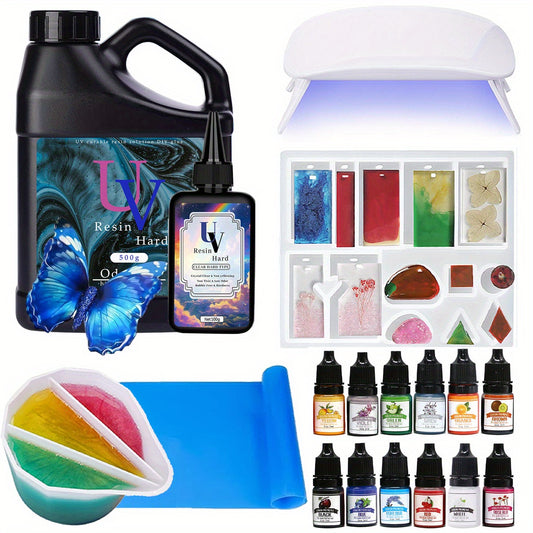 Complete UV Resin Starter Kit with Low-Odor UV Lamp & Silicone Mat - Epoxy Resin Craft for Jewelry Making, DIY Crafts, River Table Effects, Pendants, Charms - Compatible with Resin (No-Mix Formula)