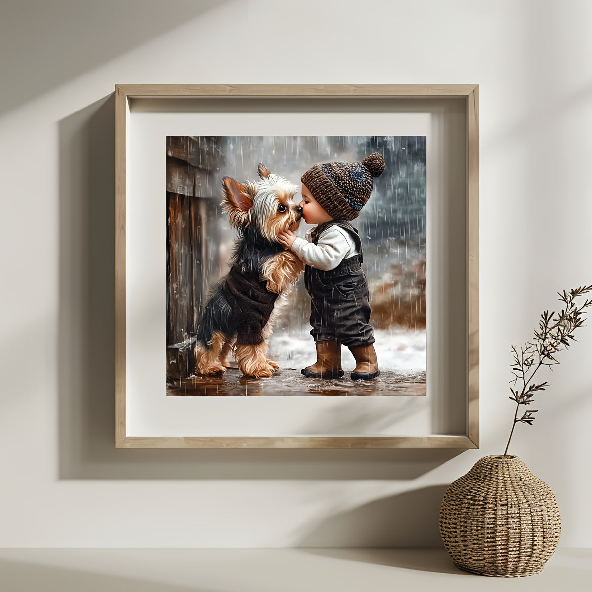 JOZYSH 1pc 11x11in Cross Stitch DIY Kit - Adorable Child and Dog Scene, All-Season Wall Decor with Frame, Includes Canvas, Needle, Thread, Pattern, and Instructions, Perfect for Bedroom or Living Room, Beginner-Friendly, Alls
