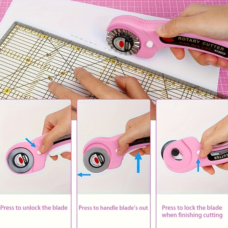 45mm Rotary Cutter Set with Pink Storage Bag, A4 Self-Healing Cutting Mat, Pink Acrylic Ruler, Quilting Roller Cutter and 5 Replacement Blades, Sewing Clips, Disappearing Marker, Suitable for Quilting, Crafting, Paper Craftin