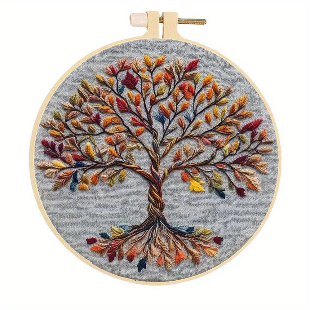 HUACAN 1pc Embroidery Tree Landscape Counted Cross Stitch Kits Unprinted with Pre-printed Patterns Hoops Multicolor Threads Tools