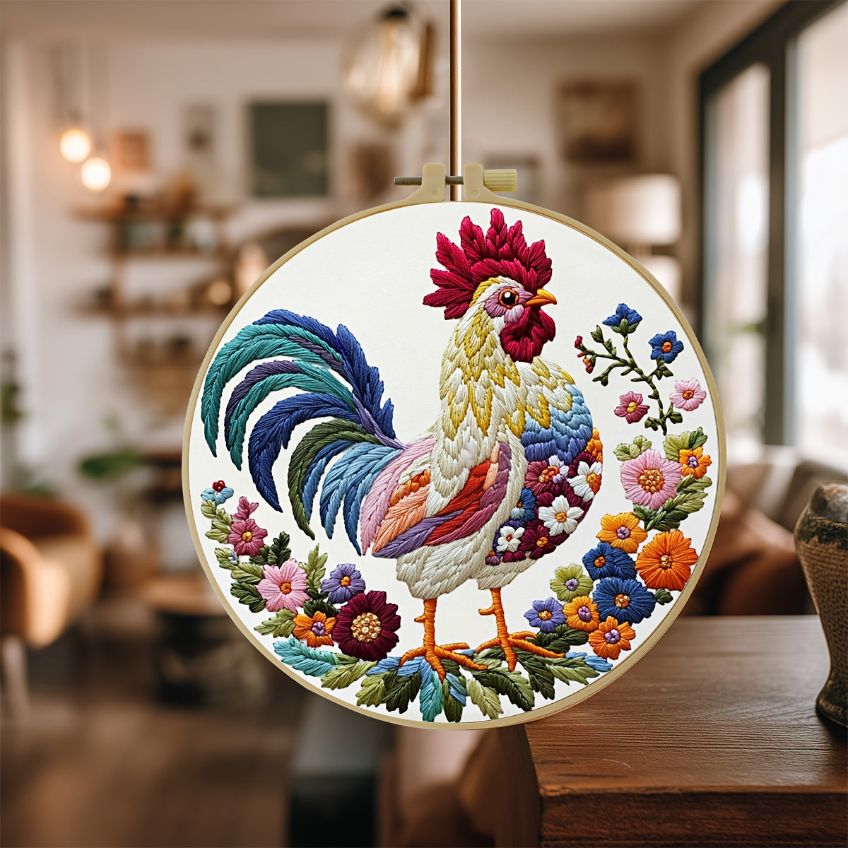 Complete rooster and floral embroidery kit for beginners, including printed pattern, embroidery frame, and needlework. Includes embroidery cloth, instructions, embroidery frame, and needlework. It's a perfect holiday gift for